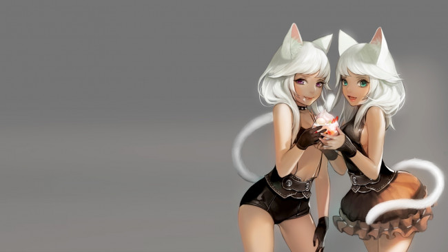 Обои картинки фото аниме, -animals & creatures, мороженое, хвостики, ушки, юбки, девушки