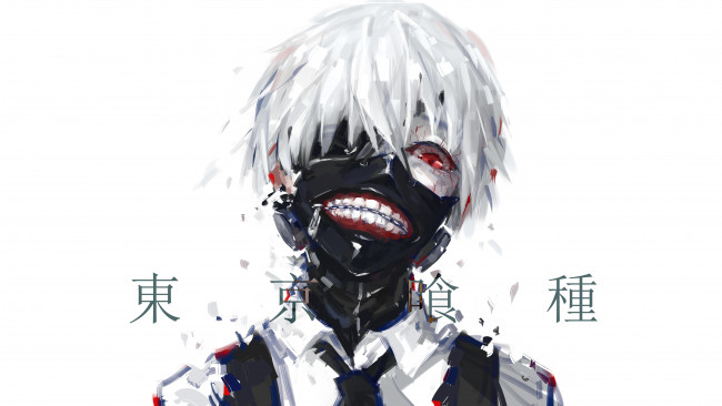 Обои картинки фото аниме, tokyo ghoul, токийский, гуль, tokyo, ghoul, anime, белые, волосы, маска, красный, глаз, канеки, кен, kaneki, ken