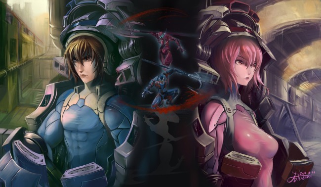 Обои картинки фото аниме, -weapon,  blood & technology, all, you, need, is, kill, арт, технологии, меч, кровь, оружие, роботы, девушка, броня, парень