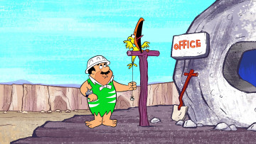 Картинка мультфильмы the+flintstones мужчина птица лопата каска
