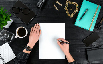 Картинка разное руки блокнот чашка украшения кофе ручки планшет растение смартфон очки вид сверху