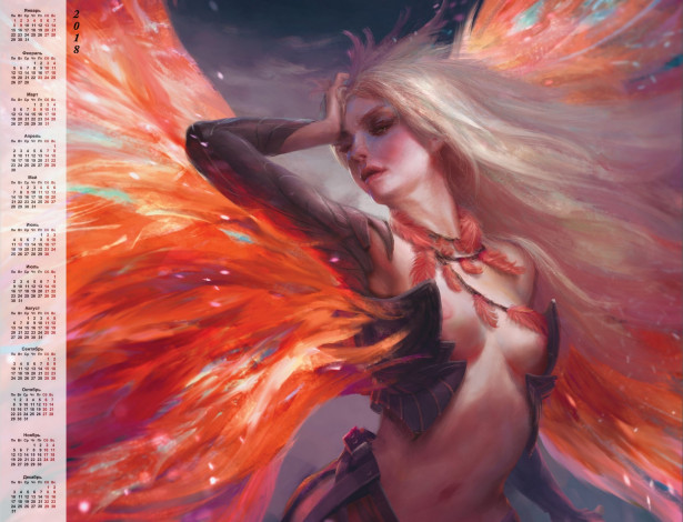 Обои картинки фото календари, фэнтези, перья, девушка