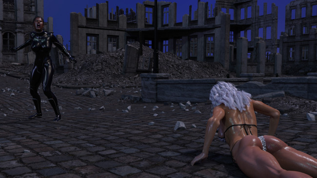 Обои картинки фото 3д графика, фантазия , fantasy, борьба, фон, взгляд, девушки