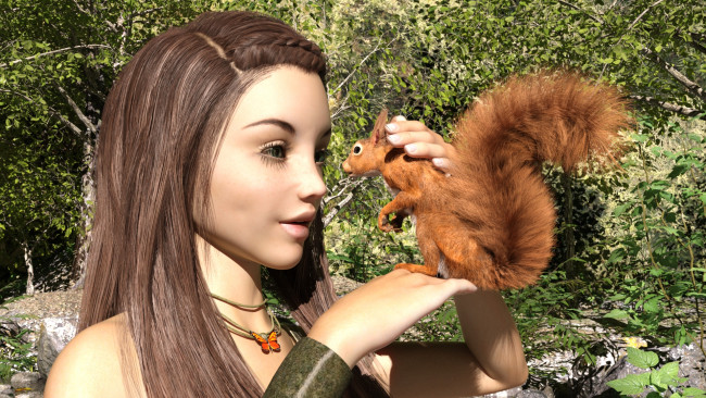 Обои картинки фото 3д графика, люди и животные , people and animals, белочка, взгляд, девушка, фон