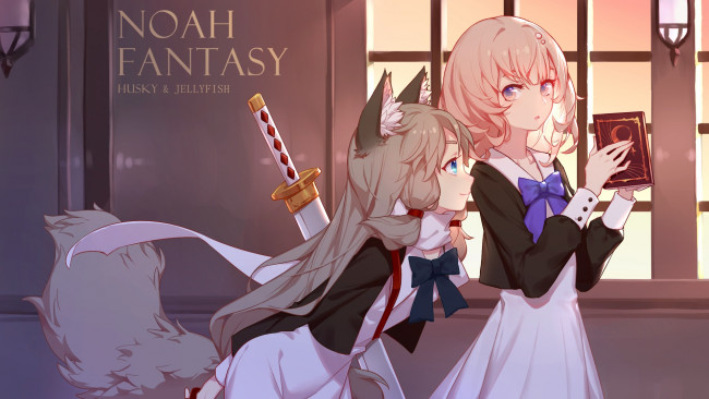 Обои картинки фото аниме, животные,  существа, девушки, взгляд, фон