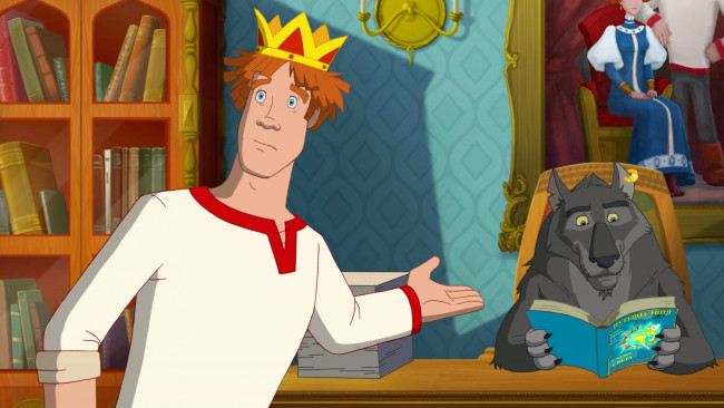 Обои картинки фото иван царевич и серый волк 3, мультфильмы, парень, волк, книга, корона, картина