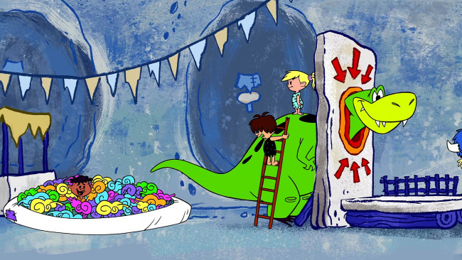 Обои картинки фото мультфильмы, the flintstones, динозавр, дети, игра