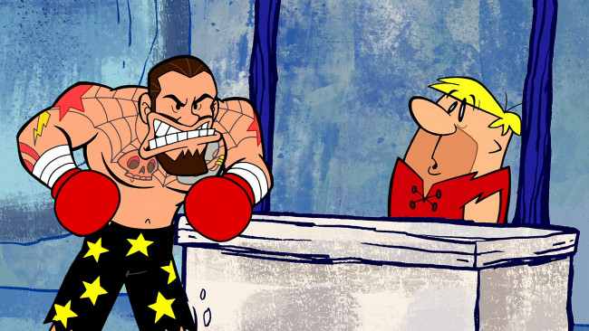 Обои картинки фото мультфильмы, the flintstones, мужчина, двое, перчатки, тату, эмоции