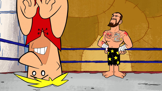 Обои картинки фото мультфильмы, the flintstones, мужчина, двое, ринг, тату