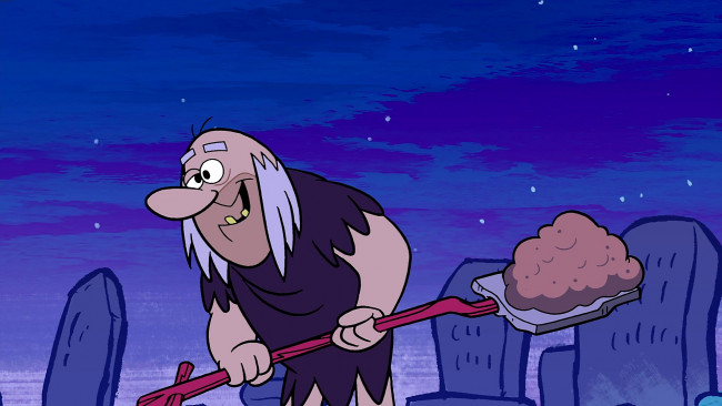 Обои картинки фото мультфильмы, the flintstones, мужчина, лопата, ночь, могила
