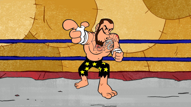 Обои картинки фото мультфильмы, the flintstones, мужчина, тату, звезда, ринг, эмоции