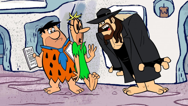 Обои картинки фото мультфильмы, the flintstones, мужчина, трое, шляпа, очки, галстук, эмоции