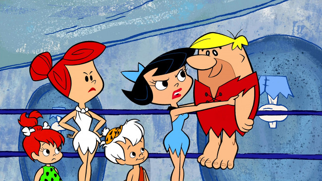 Обои картинки фото мультфильмы, the flintstones, женщина, дети, мужчина, эмоции