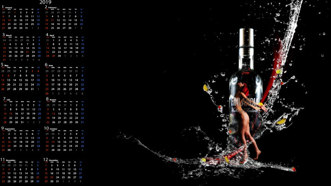 Обои картинки фото календари, компьютерный дизайн, девушка, брызги, бутылка