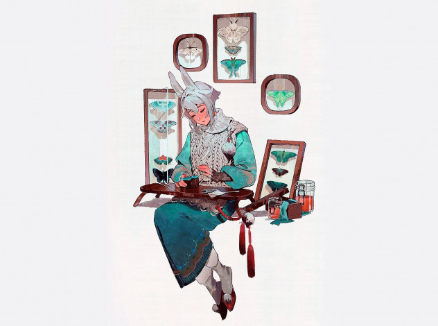 Обои картинки фото аниме, животные,  существа, девушка, ушки, бабочки