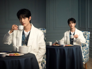 обоя мужчины, xiao zhan, актер, пиджак, стол, чаепитие
