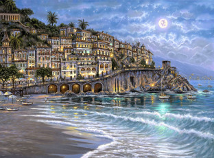 обоя рисованное, robert finale, город, дома, набережная, склон, море