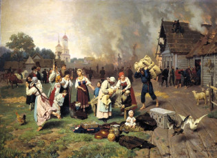 обоя рисованное, николай дмитриев-оренбургский, люди, вещи, деревня, дома, пожар