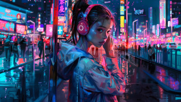 обоя рисованное, люди, девочка, наушники, куртка, дождь, лужи, город, огни, неон