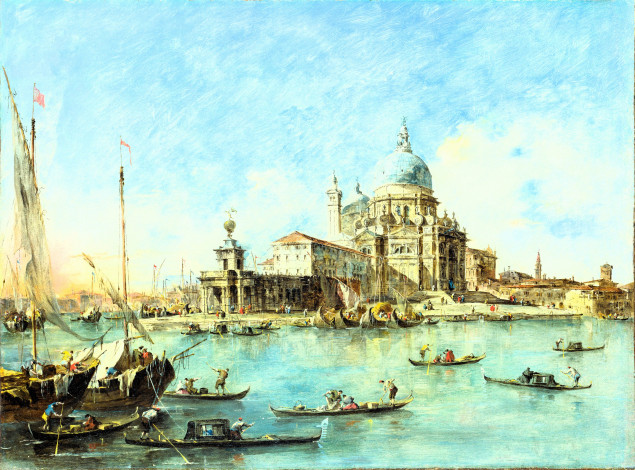 Обои картинки фото рисованное, francesco guardi, венеция, дворец, лодки, море