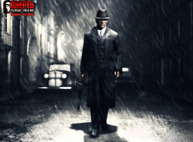 Обои картинки фото видео игры, смерть шпионам,  момент истины, разведчик, мужчина, шляп, плащ, автомат, дождь, машина, город, дома