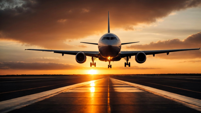 Обои картинки фото авиация, пассажирские самолёты, самолет, аэродром, полоса, закат