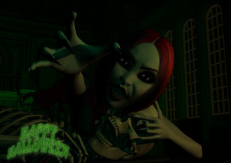 Картинка 3д+графика праздники+ holidays девушка взгляд фон череп