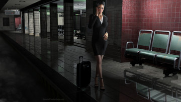 Картинка 3д+графика люди+ people девушка взгляд фон чемодан стулья улица ночь