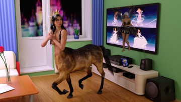 Картинка 3д+графика существа+ creatures стул стол взгляд кентавр картина шторы колонки дверь комната цветы ваза