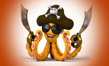 Картинка 3д+графика юмор+ humor восьминог сабли пират очки шляпа