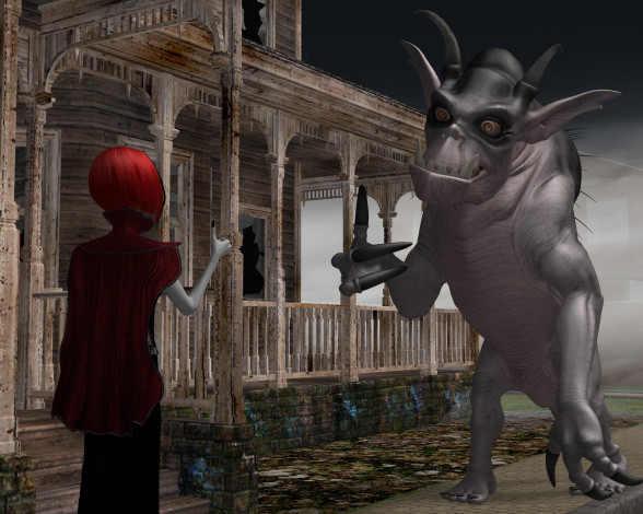 Обои картинки фото 3д графика, существа , creatures, клыки, глаза, дом, улица, девушка, пасть, существо