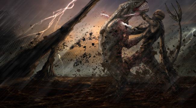 Обои картинки фото riddick, рисованное, кино, арт, гроза, пасть, оружие, схватка, монстр