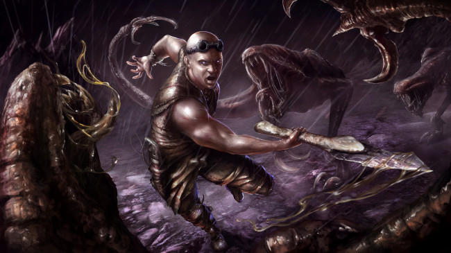 Обои картинки фото riddick, рисованное, кино, монстры, твари, арт, фантастика, оружие, очки, глаза