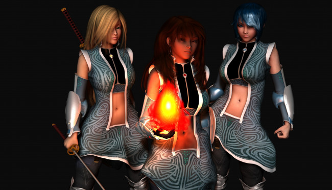 Обои картинки фото 3д графика, аниме , anime, девушки, взгляд, фон, оружие, магия