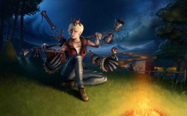 Обои картинки фото фэнтези, девушки, девушка, магия, вечер, костер, поляна, трава, котенок, горы, книга