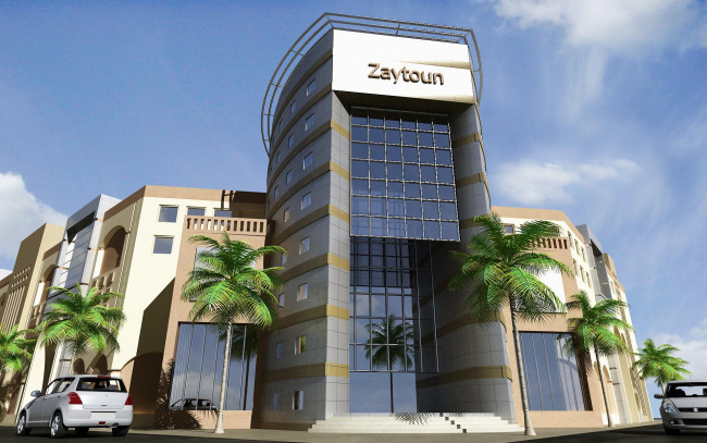 Обои картинки фото 3д графика, архитектура , architecture, дом, пальмы, автомобили