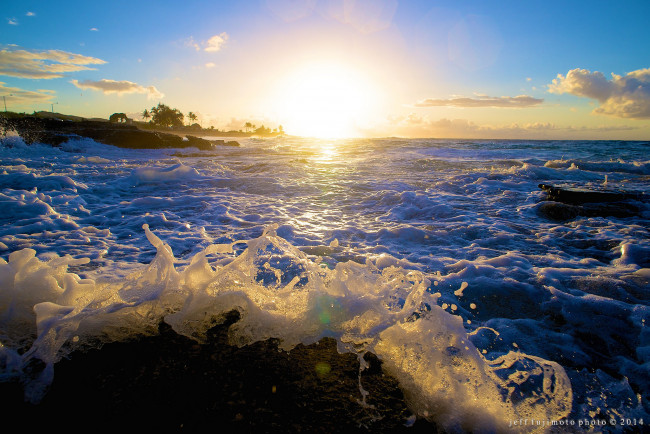 Обои картинки фото природа, восходы, закаты, закат, небо, море, облака, пена, всплеск, пейзаж