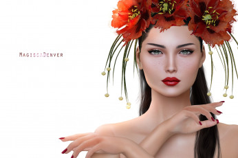 Картинка 3д+графика портрет+ portraits портрет маки лицо венок брюнетка девушка