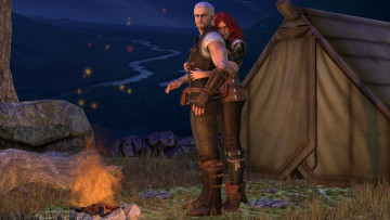 Картинка 3д+графика люди+ people мужчина фон взгляд река палатка ночь костер девушка