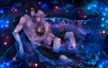 Картинка фэнтези эльфы арт пара озеро романтика огни парень девушка ночь
