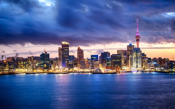 Картинка города -+панорамы дома побережье бухта залив облака небо огни auckland новая зеландия