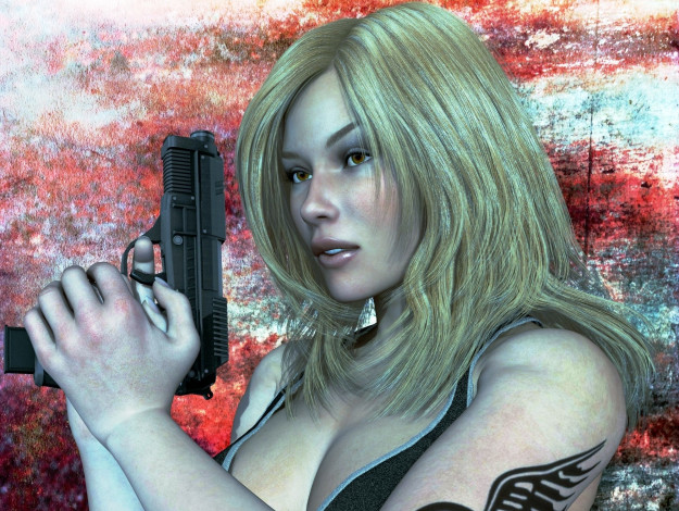 Обои картинки фото 3д графика, фантазия , fantasy, оружие, фон, взгляд, девушка