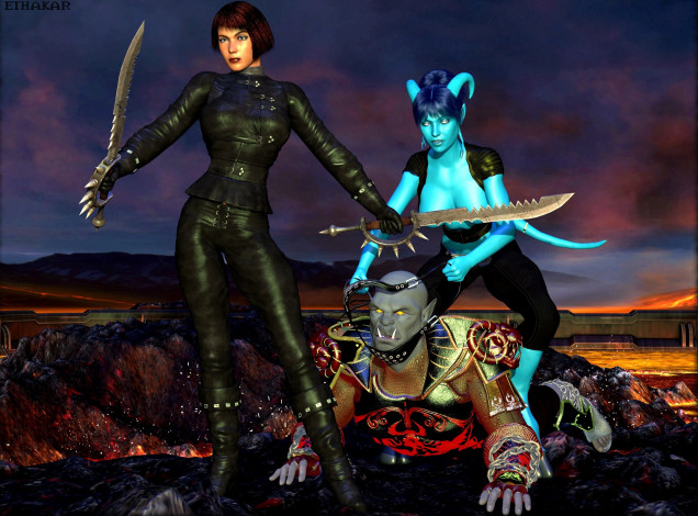 Обои картинки фото 3д графика, фантазия , fantasy, существа, оружие, фон, взгляд, девушка