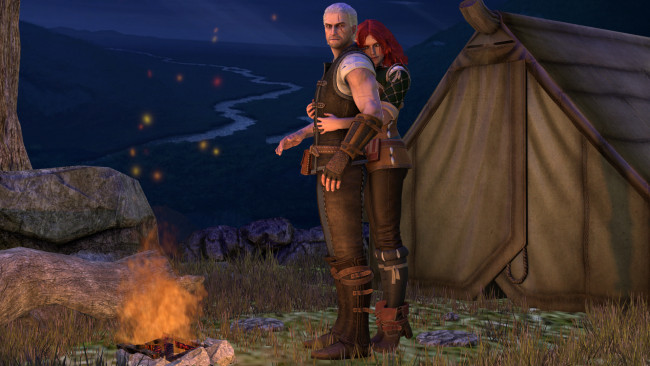 Обои картинки фото 3д графика, люди , people, мужчина, фон, взгляд, река, палатка, ночь, костер, девушка