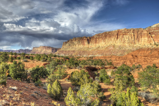 Обои картинки фото природа, горы, скалы, тучи, деревья