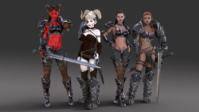 Обои картинки фото 3д графика, фантазия , fantasy, униформа, взгляд, фон, девушки, рога, оружие