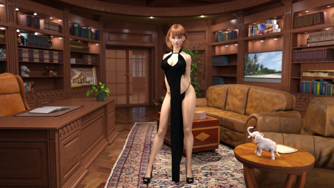 Обои картинки фото 3д графика, люди , people, слон, обстановка, девушка, фон, взгляд, комната, платье