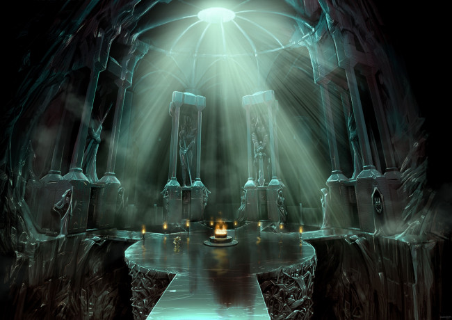 Обои картинки фото видео игры, overlord, статуи, огонь, свет, зал