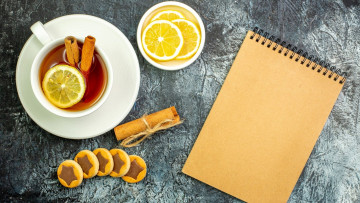 Картинка еда напитки +чай корица чай лимон печенье блокнот