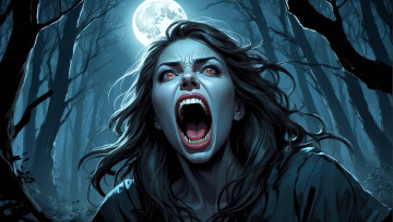 обоя фэнтези, оборотни, женщина, крик, луна, лес